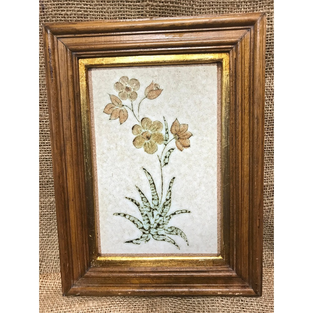 Framed Tile with Floral Design, Great Vintage Wooden Frame, Hand Made in Italy